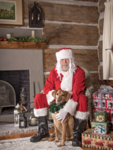 Lowcountry Dog Magazine December 2020 Hallie Hill Animal Sanctuary Hallie Jolly Christmas Dog Cricket with Santa